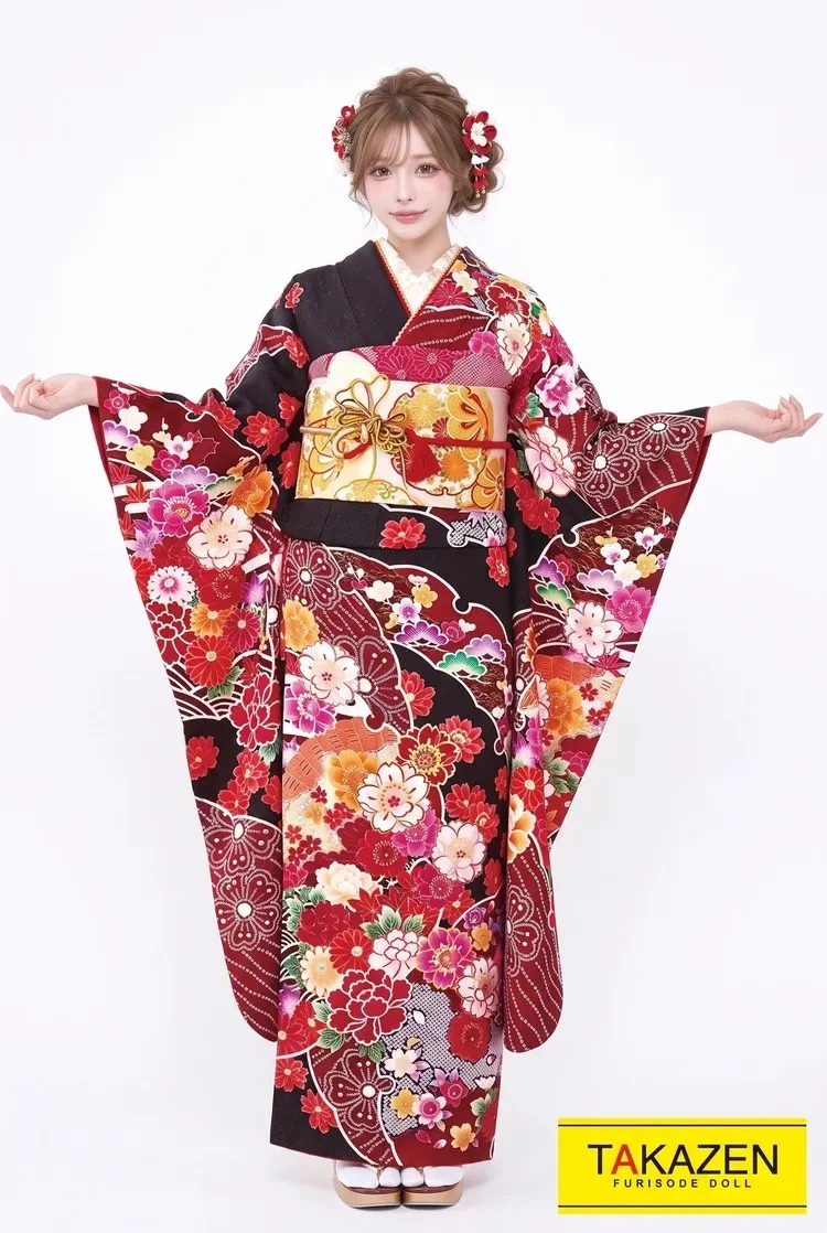 TAKAZENのレンタル振袖 激安正統派古典 茶/赤/ブラウン ボタン柄 格安 大人っぽい 上品振袖 プチプラ 【通販可】 32177