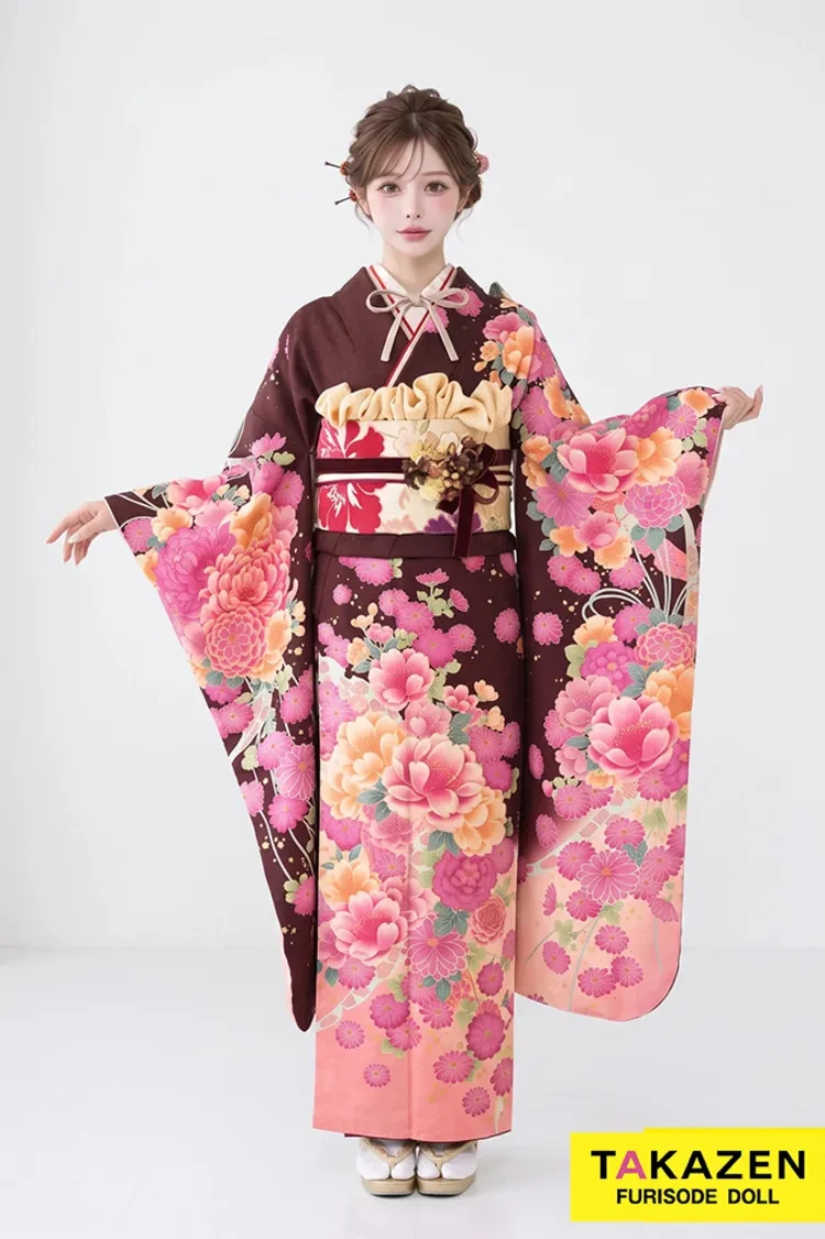 TAKAZENのレンタル振袖 激安正統派古典 ブラウン(茶)/ピンク ボタン柄 上品 かわいい 振袖 格安プライス 【通販可】32179