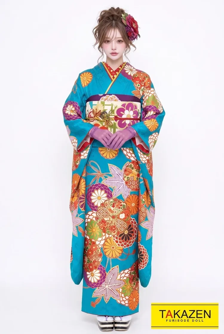 TAKAZENのレンタル振袖 安いレトロポップ 水色/オレンジ 菊柄 可愛い 古典振袖 激安プライス【通販可】 32182