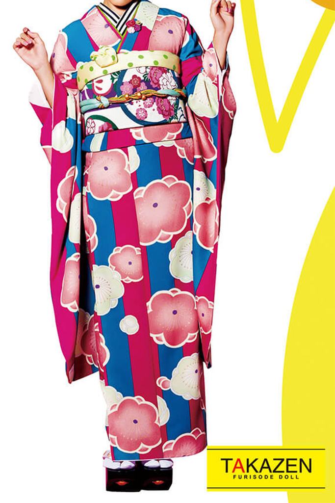 TAKAZENのレンタル振袖 格安レトロ　ピンク/ブルー(青色)　個性的　レトロモダン振袖　お得　安い【通販可】　32185