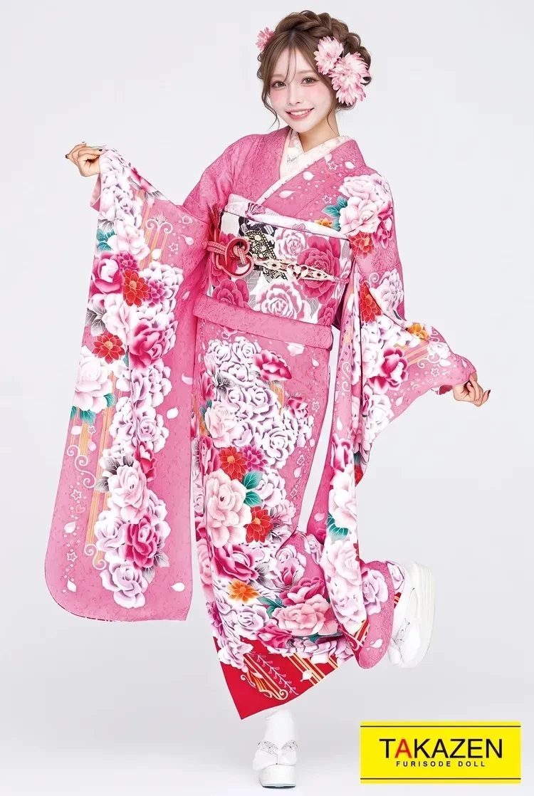TAKAZENのレンタル振袖 激安キュートガーリー　ピンク/白/赤　華やか　可愛い　ラブリー系　安い振袖　お得【通販可】32186　