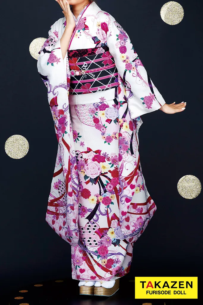 TAKAZENのレンタル振袖 プチプラキュートガーリー　ピンク/赤/白　リボン柄　可愛い　ゆるふわ振袖　激安【通販可】　32191