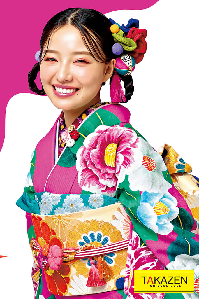 個性的レトロモダン大柄 一番目立つ おしゃれ可愛いツバキ柄 白 ピンク 水色 通販可 成人式振袖 卒業式袴レンタル 前撮りなら Takazen 大阪 梅田 心斎橋 堺 兵庫 神戸三宮 奈良の店舗へ