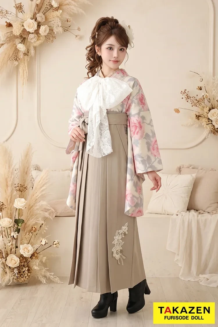 TAKAZENのレンタル袴 キュート&ガーリー　白/ピンク/グレー　可愛い　JILLSTUART(ジルスチュアート)　リボンアレンジ【通販可】C30034