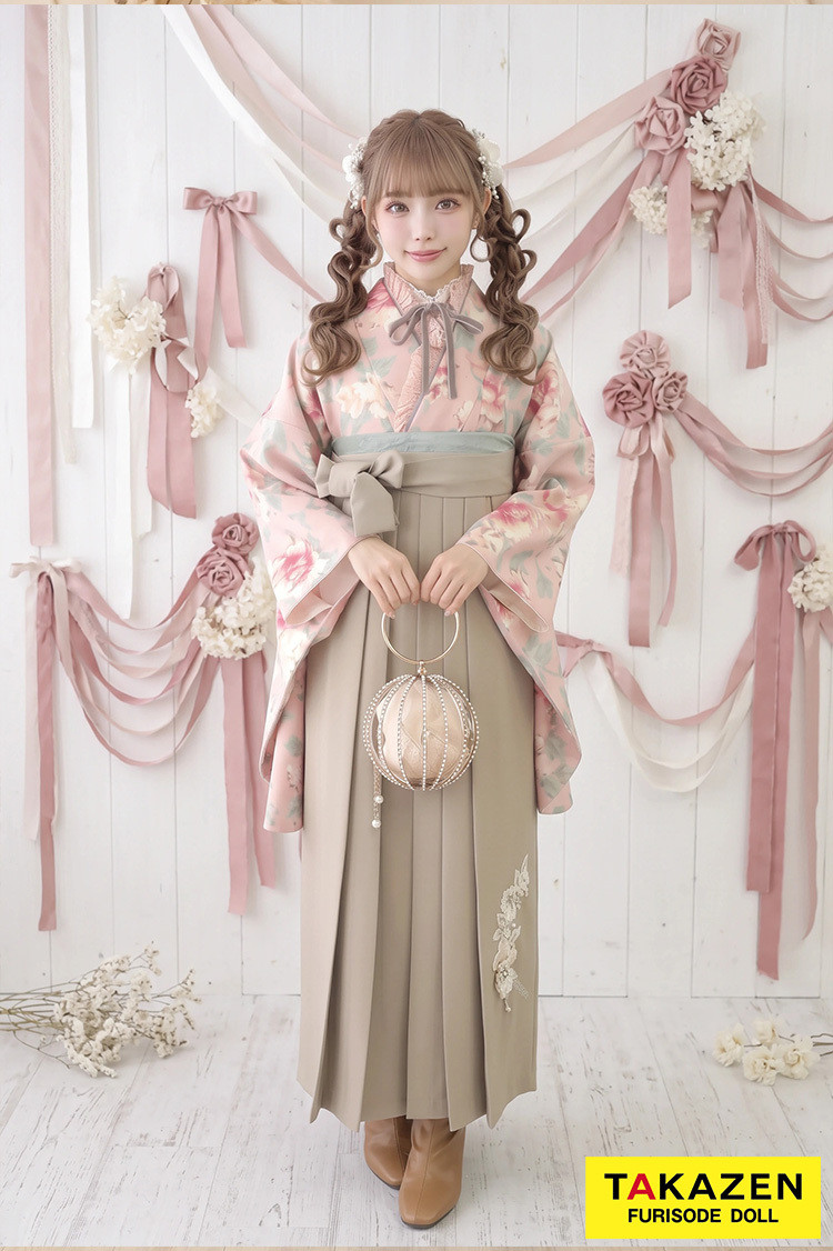 TAKAZENのレンタル袴 キュート&ガーリー ピンク/グレー JILLSTUART(ジルスチュアート) リボン半衿 ブーツスタイル【通販可】C30036