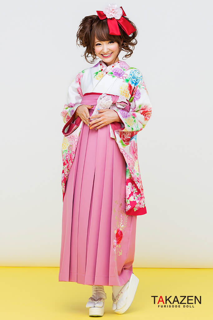 TAKAZENのレンタル袴 派手可愛いリズリサ(小学生にも人気)　白/ピンク　C30048【通販可】
