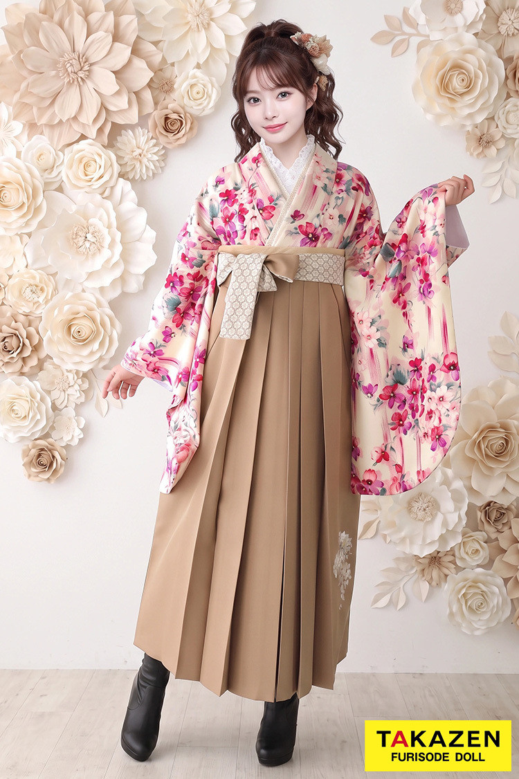TAKAZENのレンタル袴 キュート&ガーリー 白/クリーム/ピンク JILLSTUART(ジルスチュアート) リボン半衿 かわいい【通販可】C31034