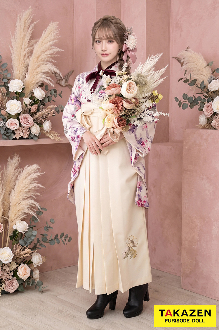 TAKAZENのレンタル袴 キュート&ガーリー　白/ピンク/紫　可愛い　JILLSTUART(ジルスチュアート)　ゆるふわ【通販可】C31036
