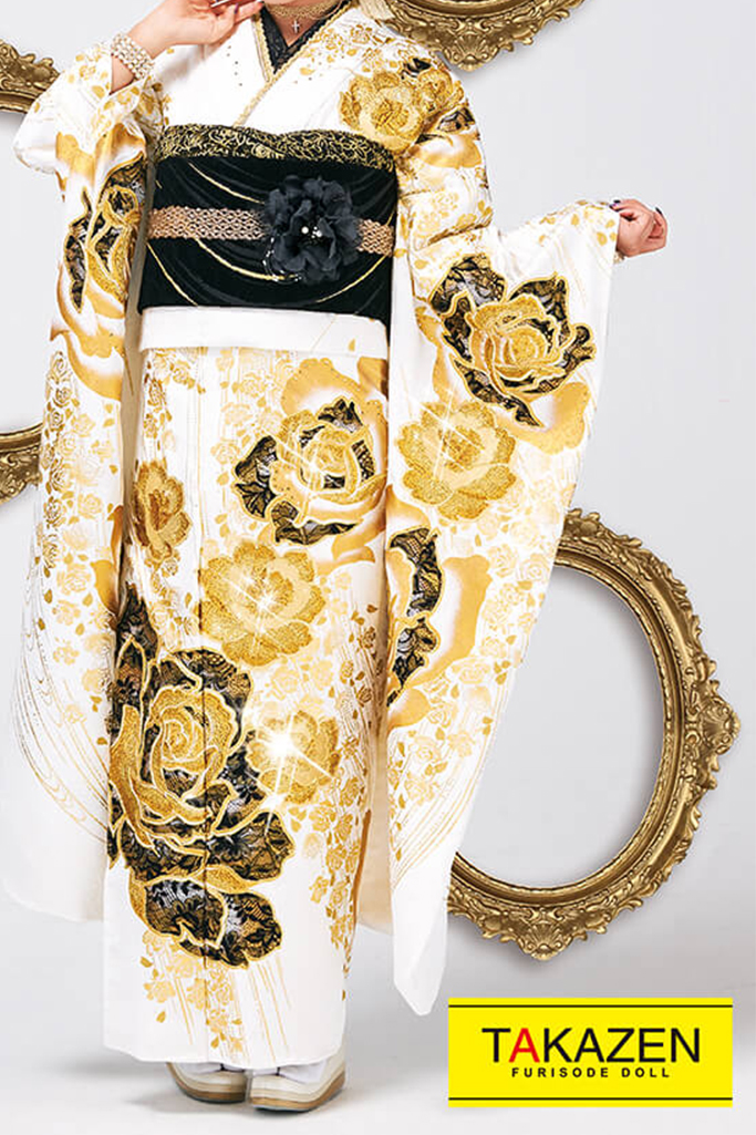 おしゃれヘップバーン レース可愛いドレスのような振袖 白 ゴールド 金色 F0025 ヘップバーン 大人かわいい成人式の振袖 成人式振袖 卒業式袴レンタル 前撮りなら Takazen 大阪 梅田 心斎橋 堺 兵庫 神戸 奈良の店舗へ