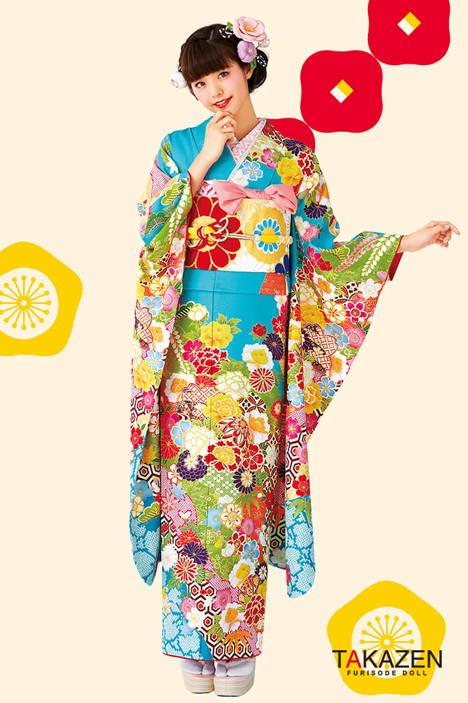 個性的おしゃれレトロ古典 ポップ派手可愛い ブルー 水色 黄緑 F0035 レトロ古典 成人式はかわいい レトロ古典振袖 振袖 袴レンタルなら Takazen 大阪 心斎橋 堺 兵庫 神戸 奈良の店舗へ
