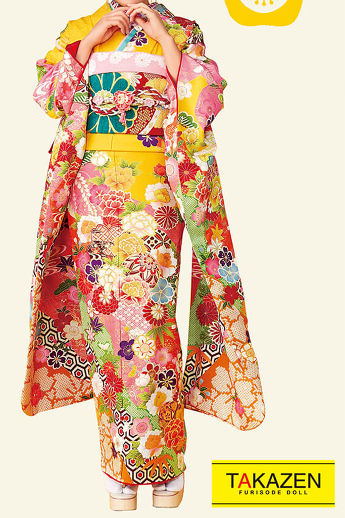 TAKAZENのレンタル振袖 正統派古典　からし/黄/赤/ビタミンカラー　牡丹柄/和柄　華やか　清楚古典着物　おしとやか　柄小さい【通販可】#F0038