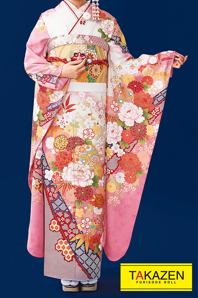 TAKAZENのレンタル振袖 正統派古典　淡いピンク/ピンク/白　ボタン柄　かわいい　華やか　清楚古典振袖　絞りデザイン【通販可】#F0050