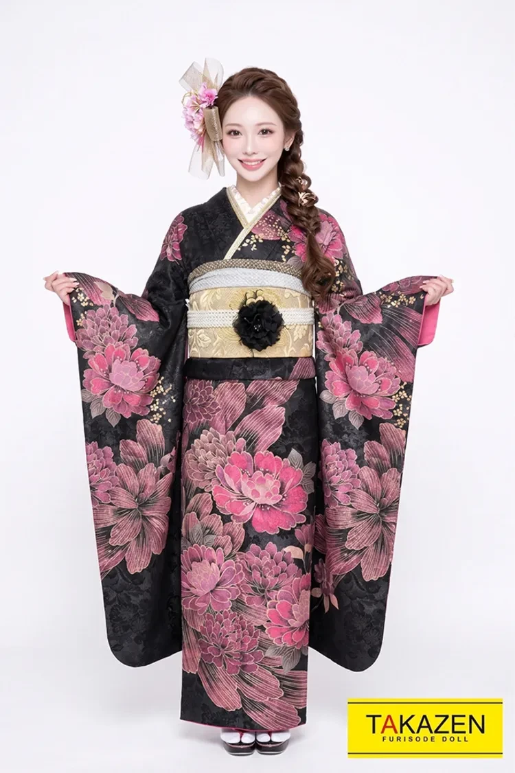 TAKAZENのレンタル振袖 モード 黒/ピンク 牡丹柄/大柄 派手 豪華 目立つ ギャル振袖 門りょう様着用【通販可】#F0075