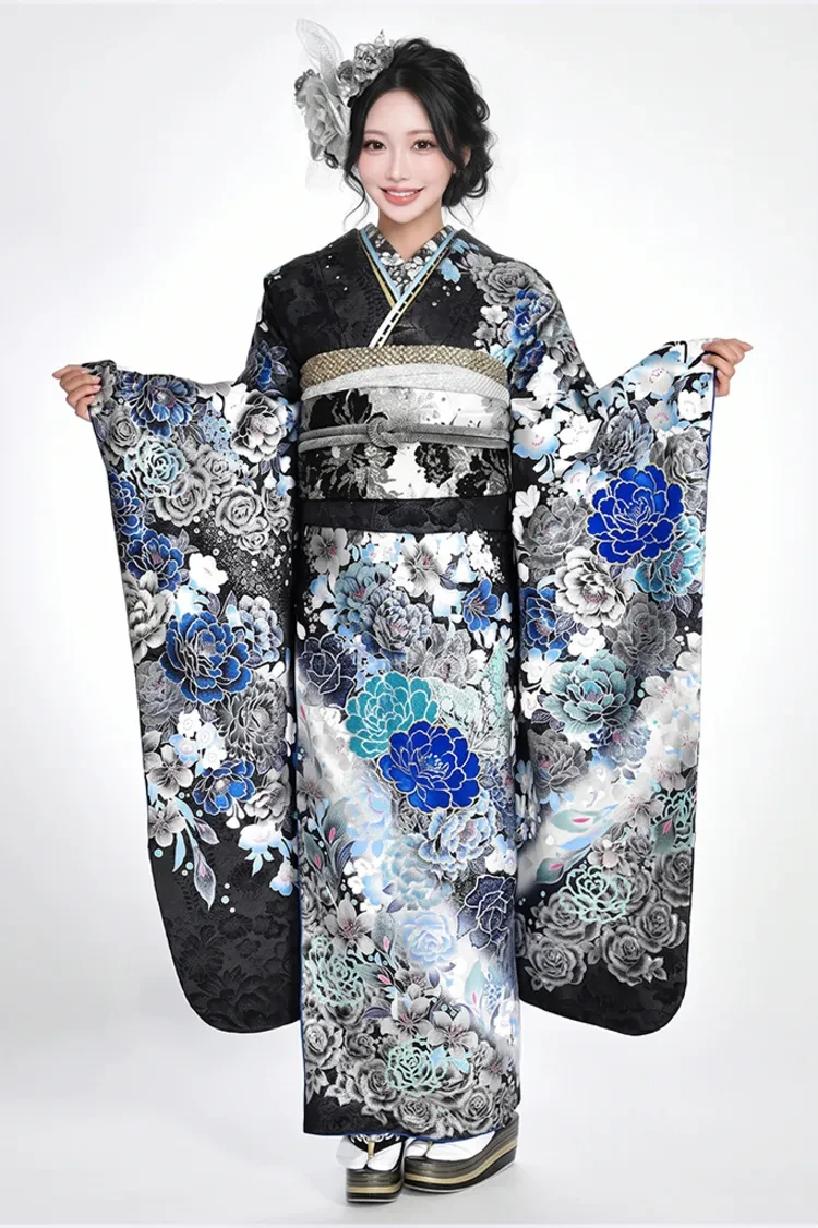 TAKAZENのレンタル振袖 安い!モード 黒/ブルー(青色) 牡丹柄 派手 綺麗 かっこいい振袖 桂由美デザイン ギャル【通販可】#F0086