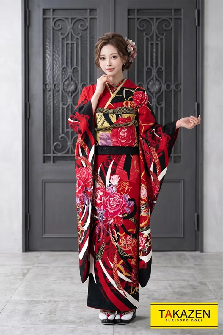 TAKAZENのレンタル振袖 格安モード 黒/赤 薔薇柄 おしゃれ かっこいい系振袖 フルセット10万円以下【通販可】#F0092