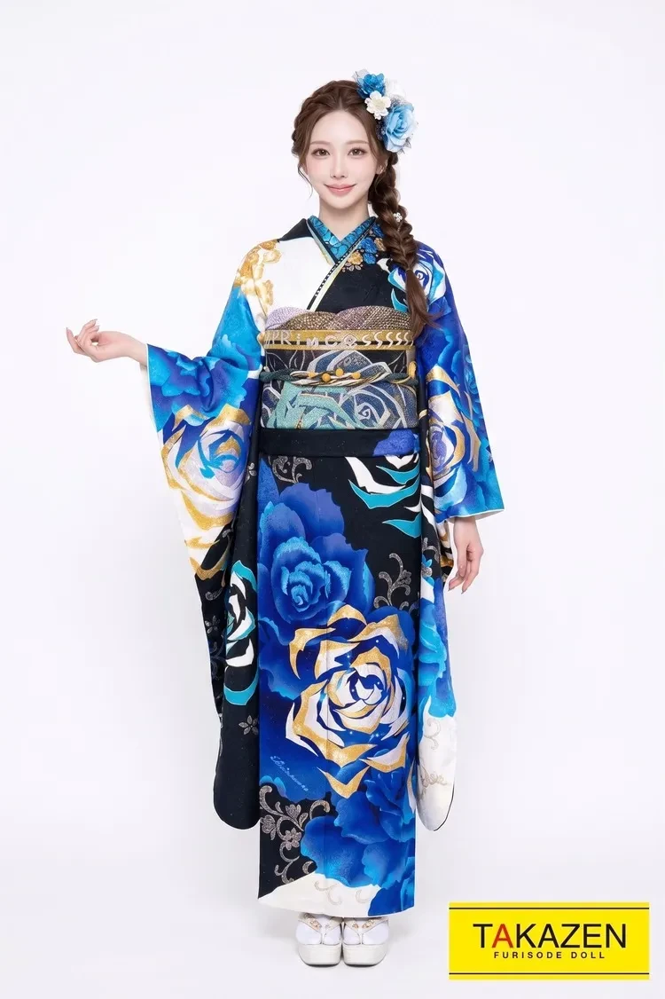 TAKAZENのレンタル振袖 激安モード　ブルー(青)/黒/金　薔薇柄　派手　豪華　クール系振袖　目立つ　ギャル振袖【通販可】#F0096