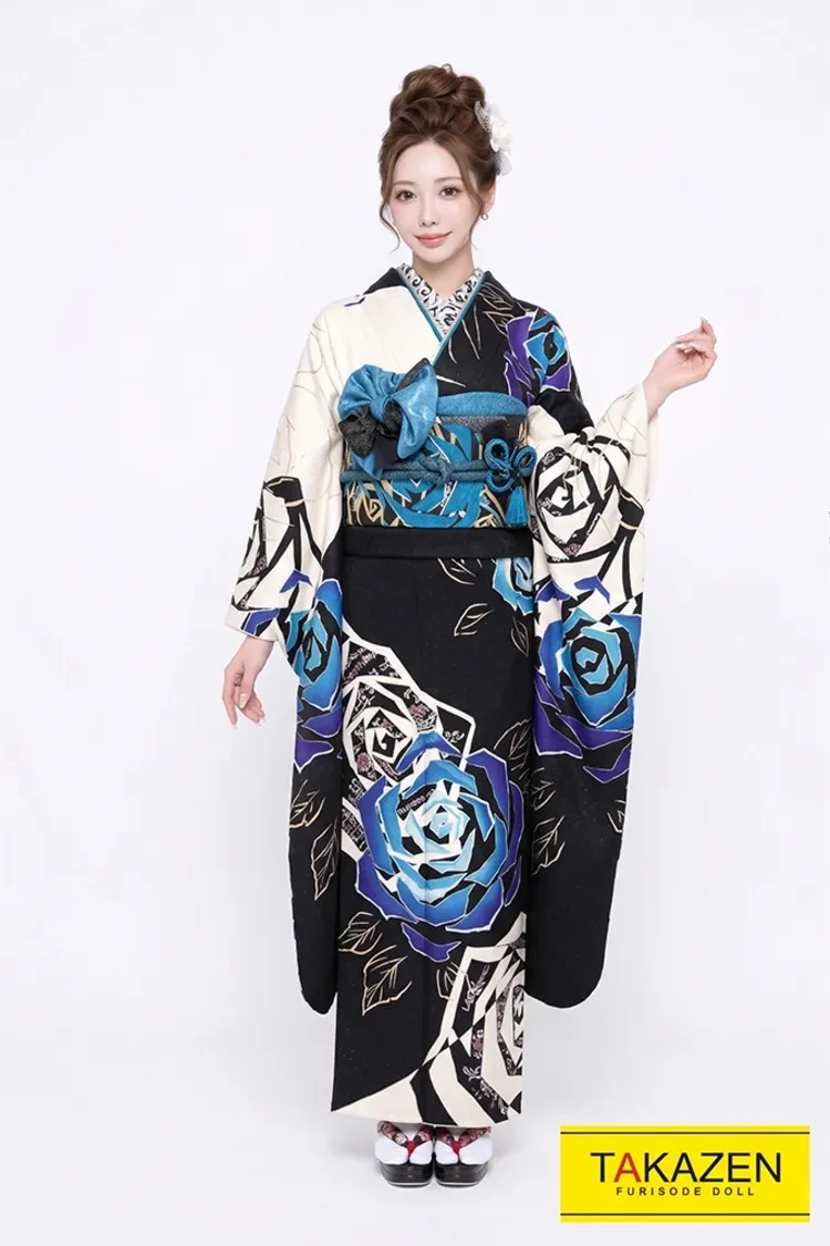 TAKAZENのレンタル振袖 格安モード 黒/白/ブルー(青) バラ柄 派手 カッコイイ振袖 豪華目立つ 可愛い 【通販可】#F0099