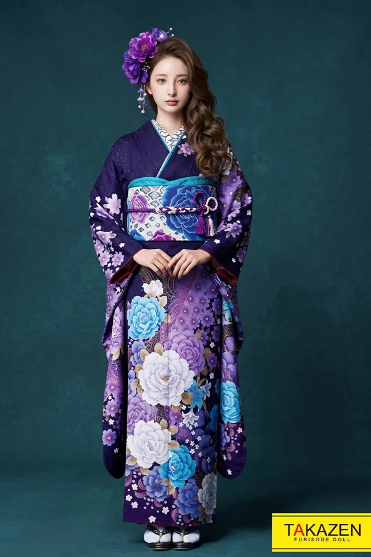 TAKAZENのレンタル振袖 激安モード 紫/ブルー(青色) 薔薇柄 人気 派手 カッコイイ 目立つ振袖 お得な格安プラン 【通販可】#F0110