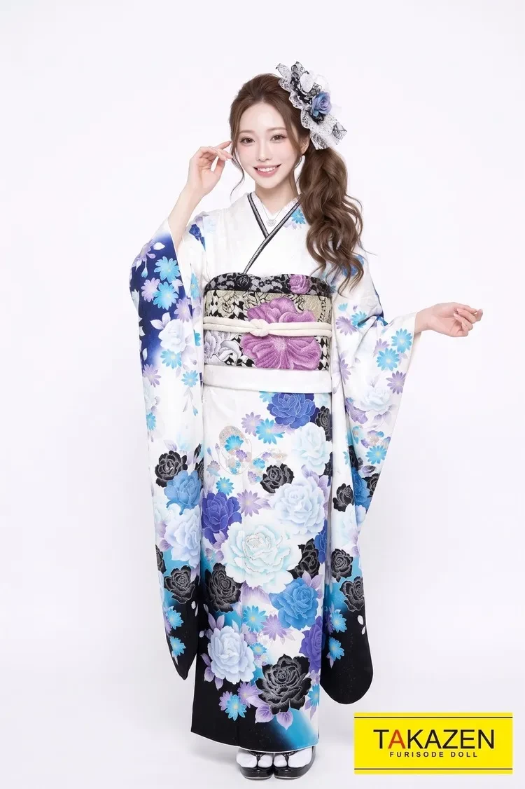 TAKAZENのレンタル振袖 格安モード　白/ブルー(青色)/黒　薔薇柄シンプル　カッコイイ　目立つ振袖　お得な格安フルセット【通販可】　#F0111