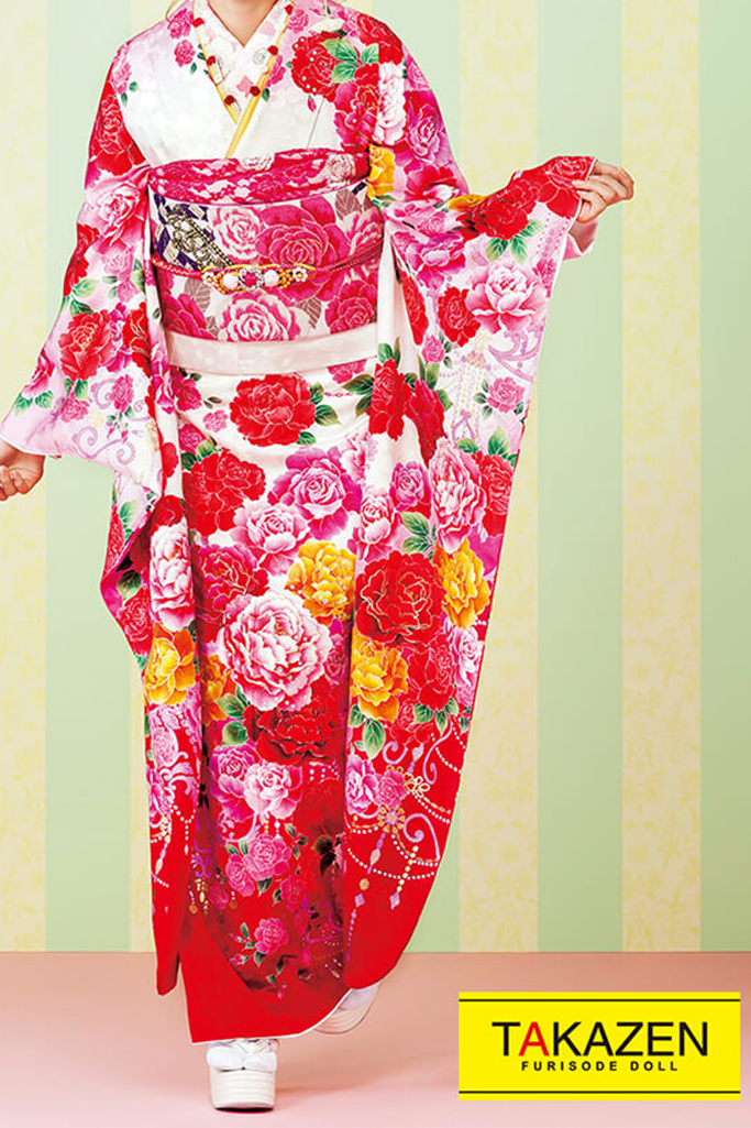 TAKAZENのレンタル振袖 可愛い系　白/ピンク/赤　バラ柄　派手　キュートポップ　かわいい【通販可】#F0113