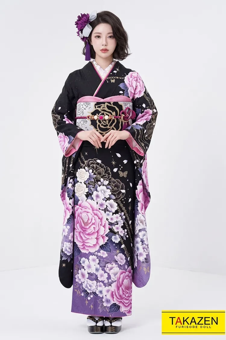 TAKAZENのレンタル振袖 激安モード 黒/紫目立つ バラ柄/大柄 かわいい クール系振袖 【通販可】#F0114