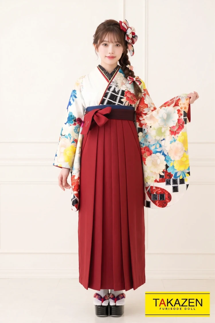TAKAZENのレンタル袴 正統派古典 白/黒/ブルー(水色) 今田美桜ブランド袴 サクラ柄 モダン かわいい【通販可】K21006