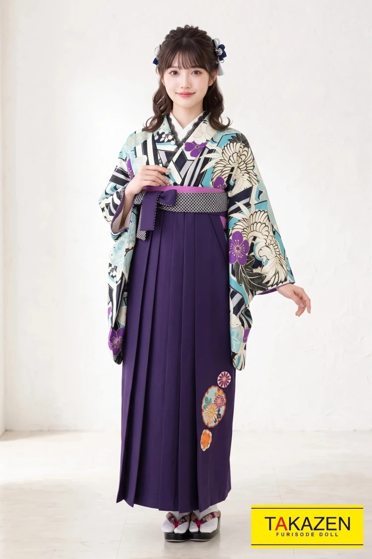 TAKAZENのレンタル袴 正統派古典 白/紺/ブルー(青色) 今田美桜ブランド袴 華やか 清楚 上品【通販可】K21009