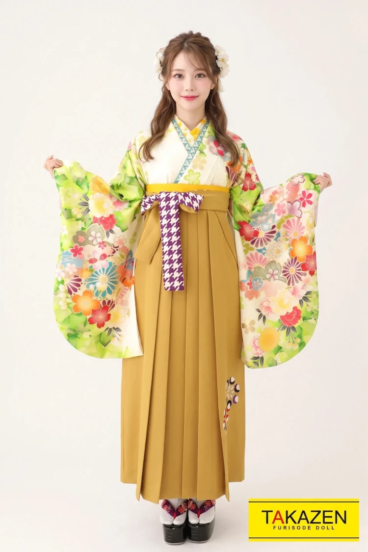 TAKAZENのレンタル袴 正統派古典 白/クリーム/グリーン(黄緑) サクラ柄 今田美桜ブランド袴 上品 清楚 おしとやか【通販可】K21011