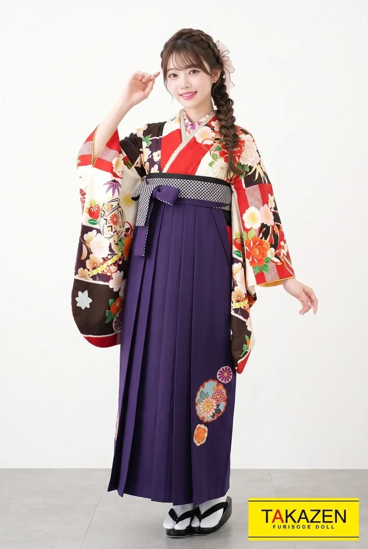 TAKAZENのレンタル袴 正統派古典　白/赤/茶　今田美桜ブランド袴　サクラ柄　上品　清楚　古風　おしとやか　人気【通販可】K21013