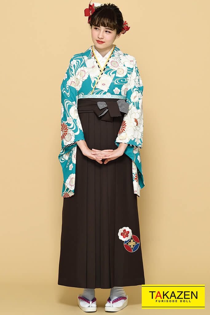 TAKAZENのレンタル袴 上品清楚古典(おしとやかな椿柄)　白/クリーム/ブルー(水色)　K21018【通販可】