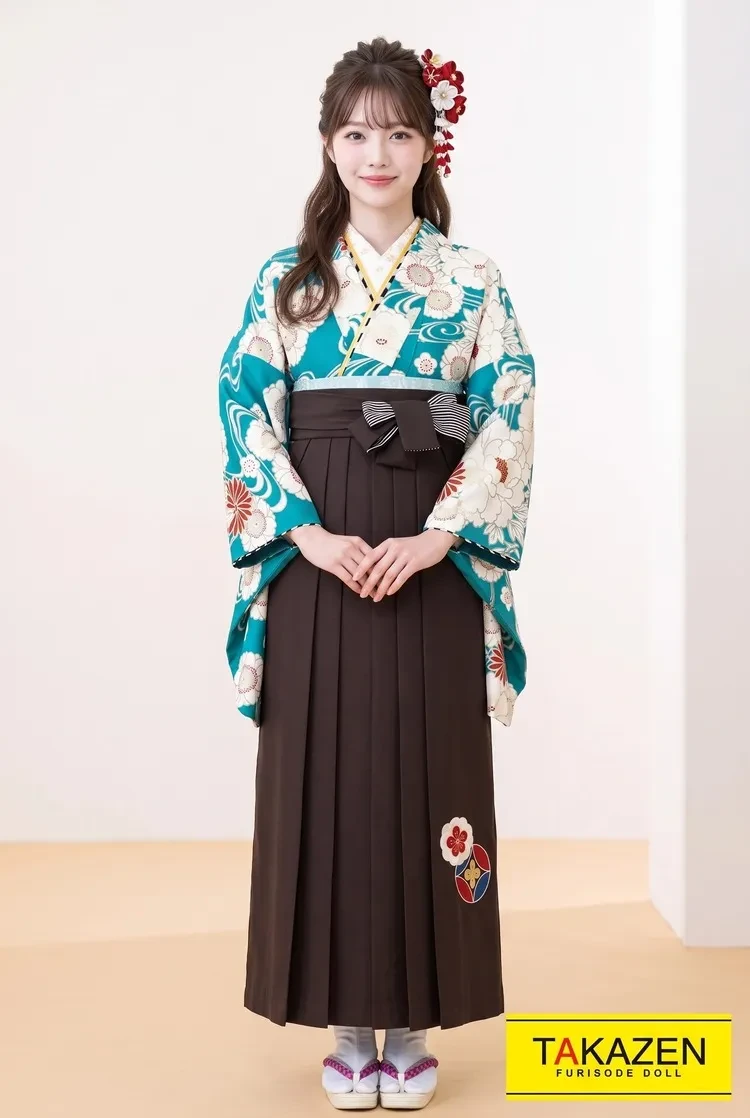 TAKAZENのレンタル袴 正統派古典　ブルー(水色)/白　椿柄　寒色系　上品　清楚　おしとやか【通販可】K21018