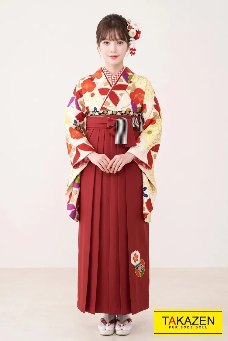 TAKAZENのレンタル袴 正統派古典　白/赤/クリーム　菊柄　個性的　かわいい　華やか【通販可】K21019