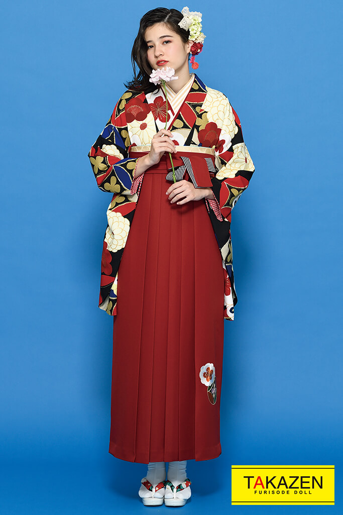 TAKAZENのレンタル袴 派手かわいい古典(豪華菊柄)　黒/白/赤　K21020【通販可】