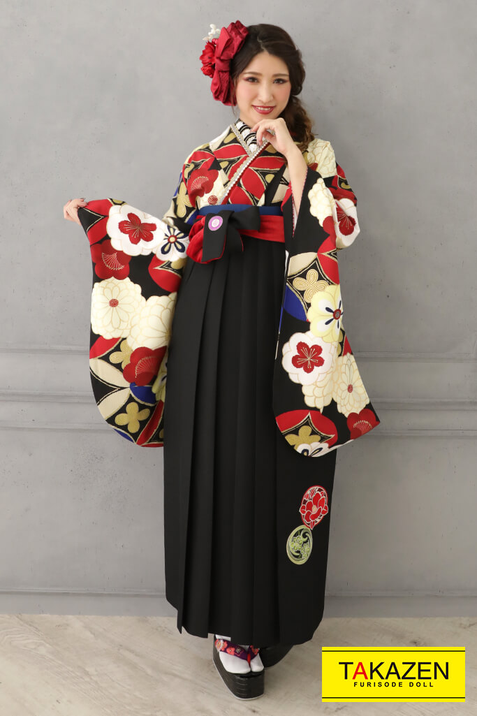 TAKAZENのレンタル袴 正統派古典　黒/白/赤　菊柄　大人っぽい　豪華　派手　かっこいい【通販可】K21020