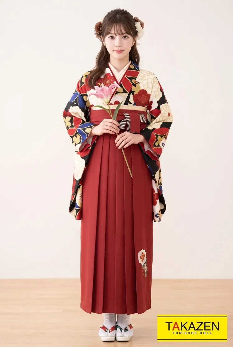 TAKAZENのレンタル袴 正統派古典 黒/白/赤 菊柄 大人っぽい 豪華 派手 かっこいい【通販可】K21020