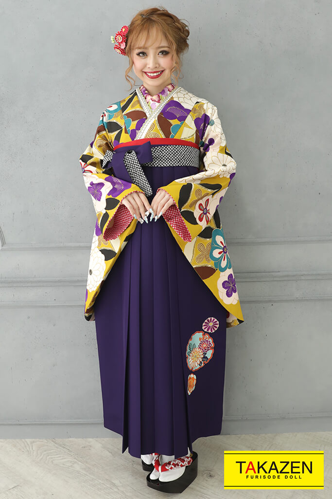 TAKAZENのレンタル袴 正統派古典　からし/紫/白　個性的　目立つ　華やか【通販可】K21022