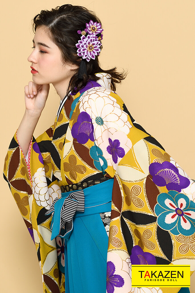TAKAZENのレンタル袴 正統派古典　からし/紫/白　個性的　目立つ　華やか【通販可】K21022