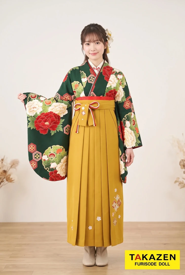 TAKAZENのレンタル袴 正統派古典 グリーン(緑色)/エンジ ボタン柄 大人っぽい 上品【通販可】K30026