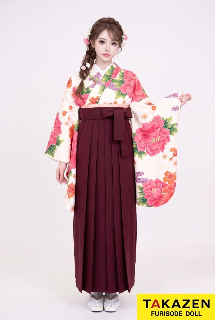 TAKAZENのレンタル袴 正統派古典 白/ピンク ボタン柄 可愛い 清楚 上品 おしとやか【通販可】K30028