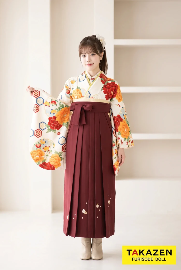 TAKAZENのレンタル袴 正統派古典 白/オレンジ/赤 牡丹柄 古風 教員袴 人気 大人っぽい【通販可】K30030