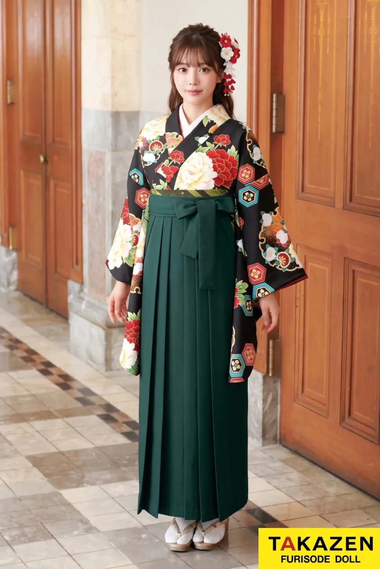 TAKAZENのレンタル袴 正統派古典　黒/赤/グリーン(緑色)　牡丹柄　かっこいい　シック　大人っぽい【通販可】K30031