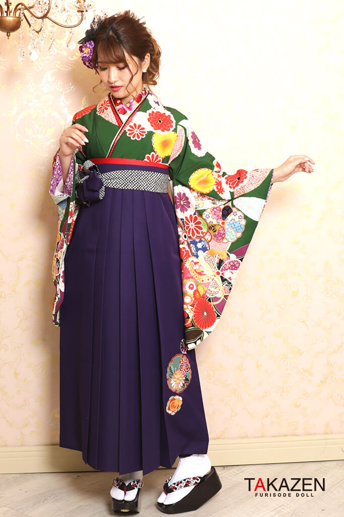 TAKAZENのレンタル袴 正統派古典　緑色/グリーン　菊柄　華やか　可愛い　定番　清楚【通販可】K32026