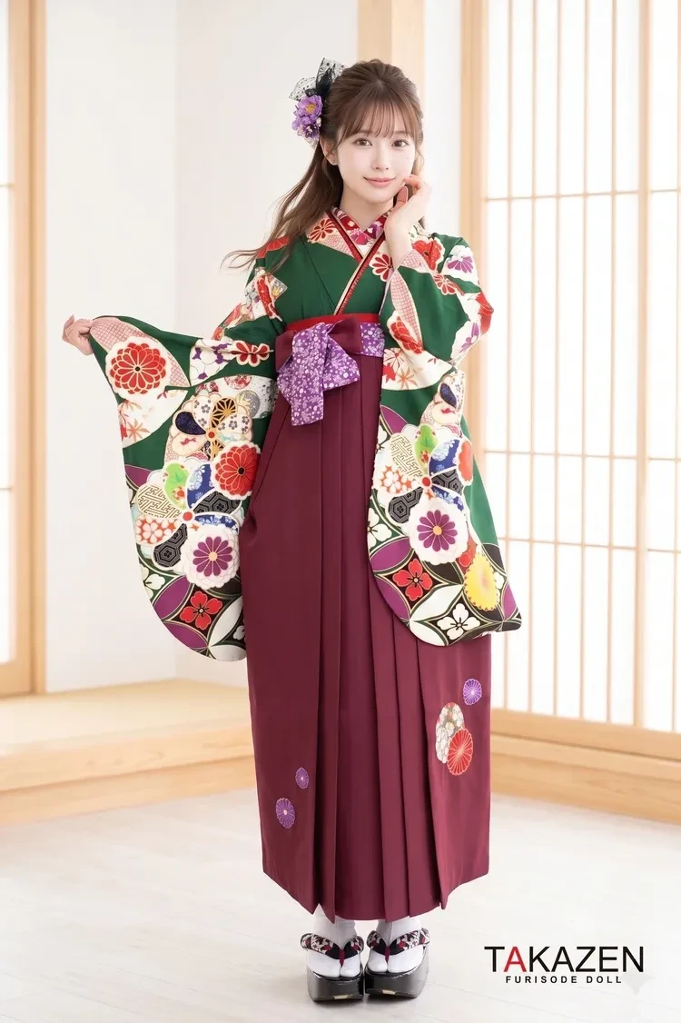 TAKAZENのレンタル袴 正統派古典 緑色/グリーン 菊柄 華やか 可愛い 定番 清楚【通販可】K32026