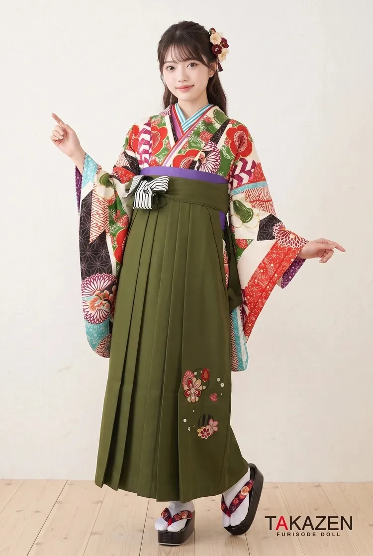 TAKAZENのレンタル袴 正統派古典 白/水色/赤 古典柄/矢絣 定番 清楚 かわいらしい【通販可】K32027