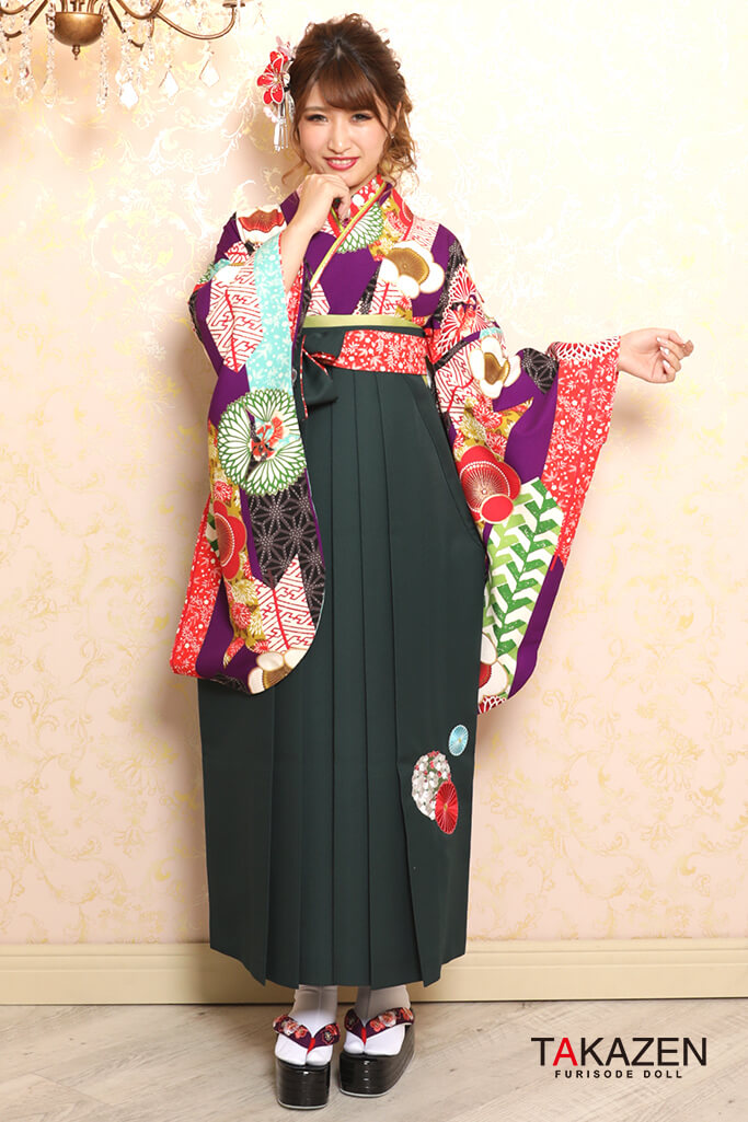 TAKAZENのレンタル袴 正統派古典　紫/赤/緑　梅柄　レトロモダン　個性的　華やか【通販可】K32028