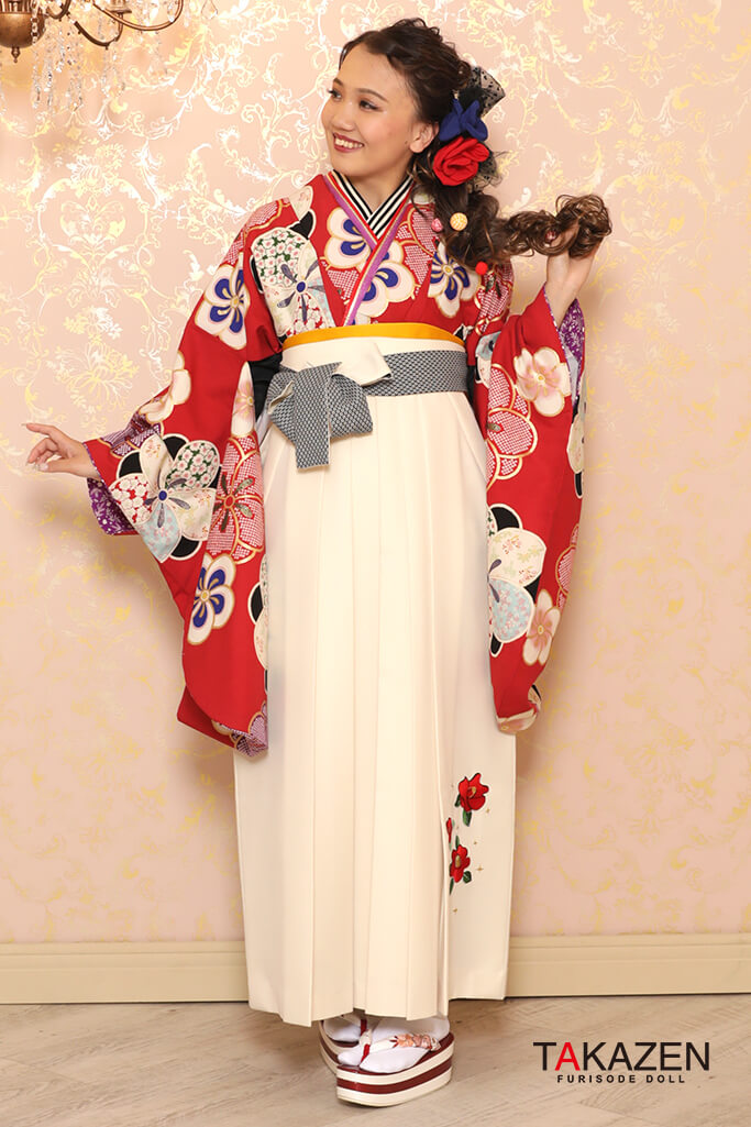 TAKAZENのレンタル袴 正統派古典　赤/白/紅白　梅柄　かわいい　モダン【通販可】K32030