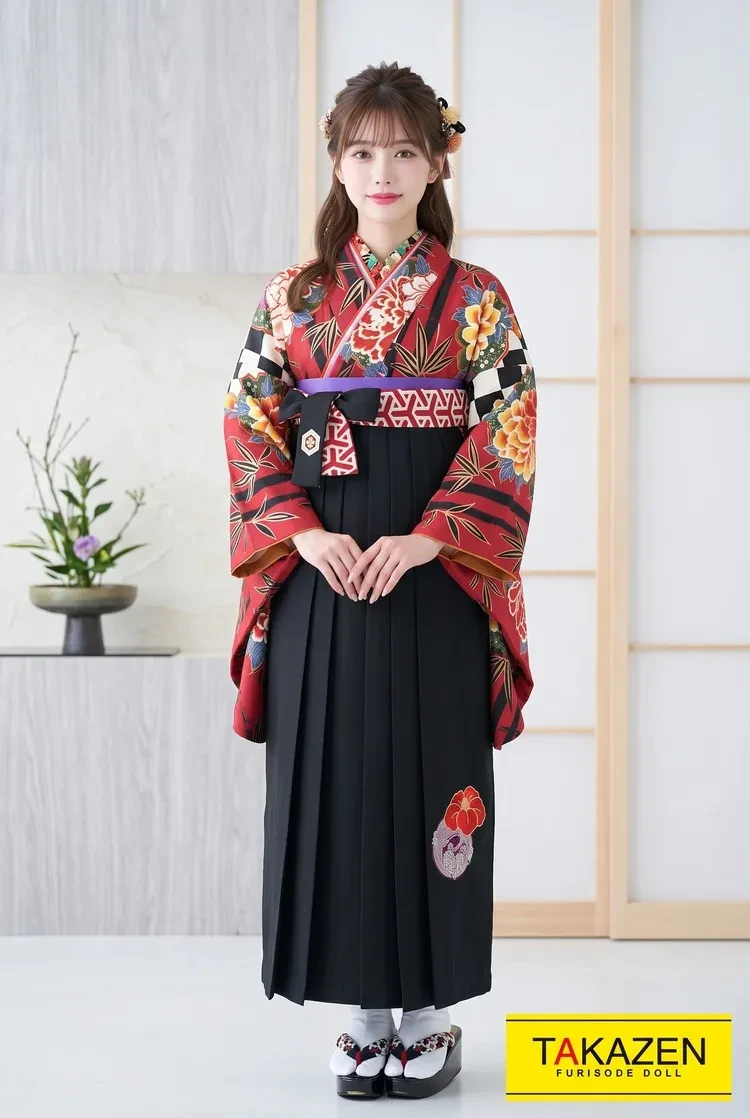 TAKAZENのレンタル袴 正統派古典 赤/グリーン(緑色) ボタン柄 かっこいい 原色 大人っぽい【通販可】K32037