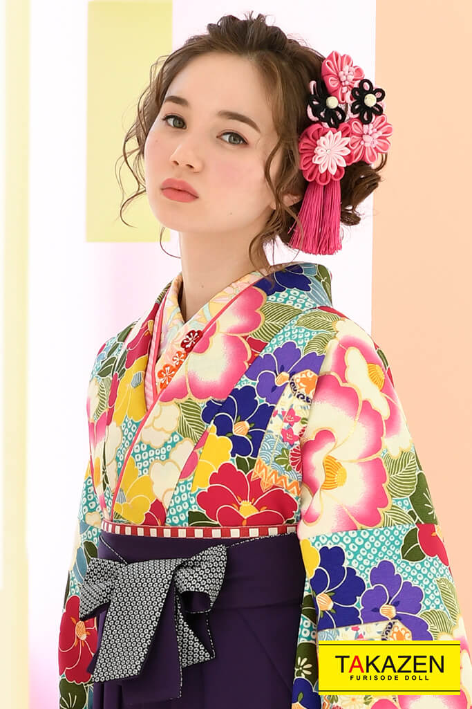 TAKAZENのレンタル袴 正統派古典　ピンク/ブルー(水色)　ツバキ柄/絞り風　かわいい【通販可】K32042
