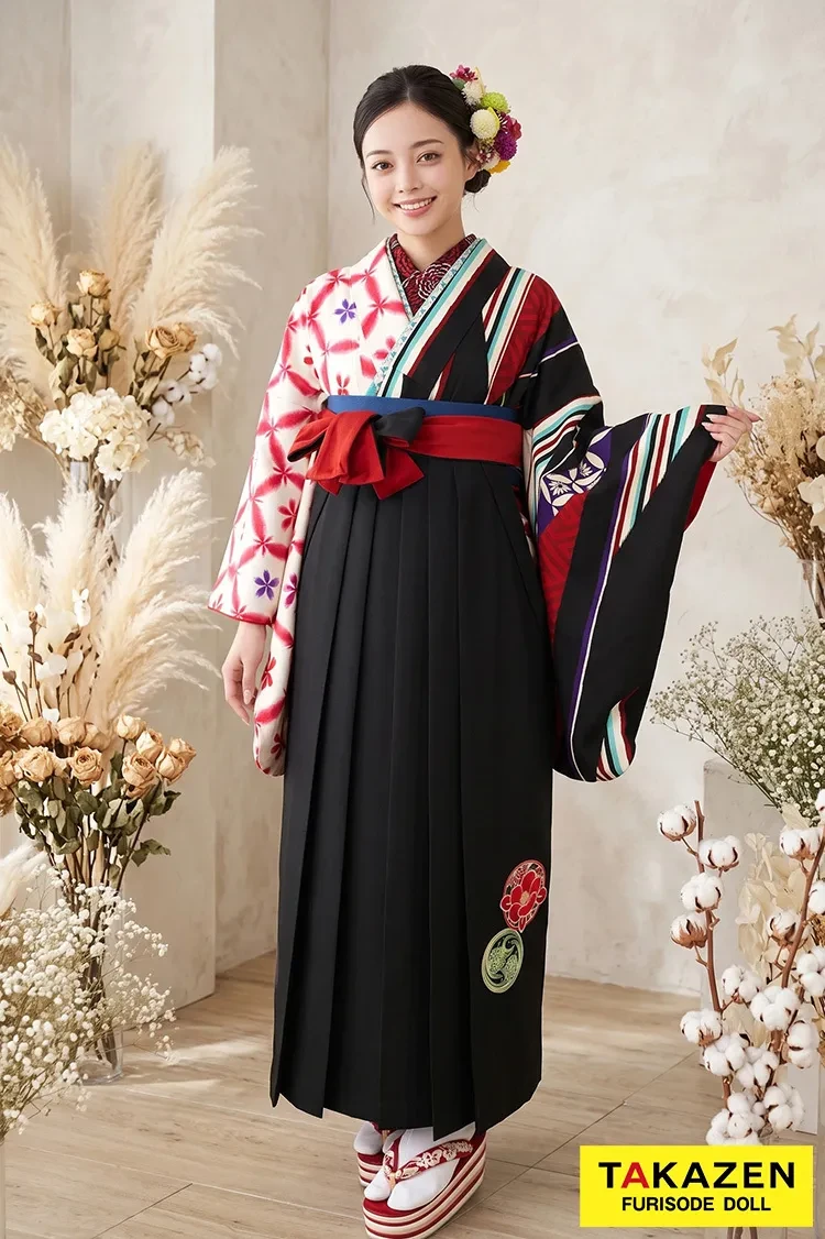 TAKAZENのレンタル袴 玉城ティナ×紅一点ブランド袴　赤/黒　矢絣柄　大正ロマンな雰囲気の袴【通販可】R21036