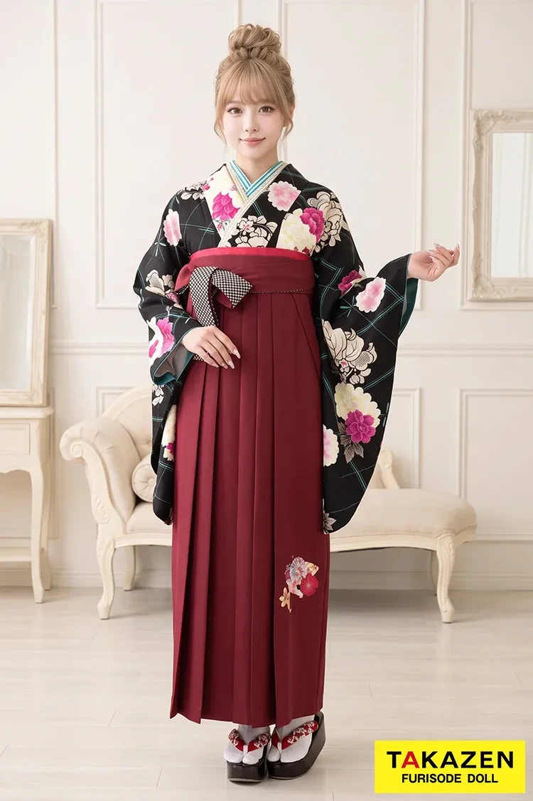 TAKAZENのレンタル袴 レトロ 黒/クリーム 菊柄 個性的 レトロモダン 大人かわいい【通販可】R21040